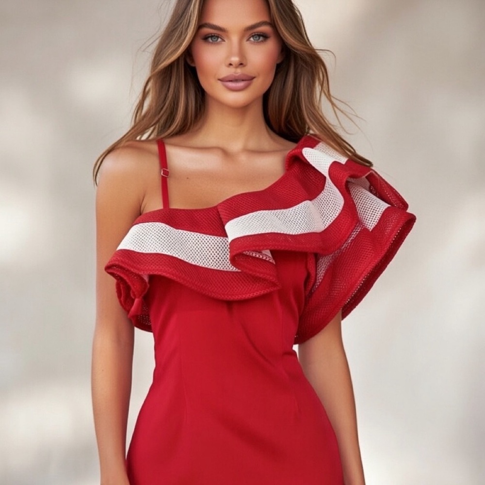 New WHY DRESS Red White Ruffles One Shoulder Stretch Sexy Bodysuit Top